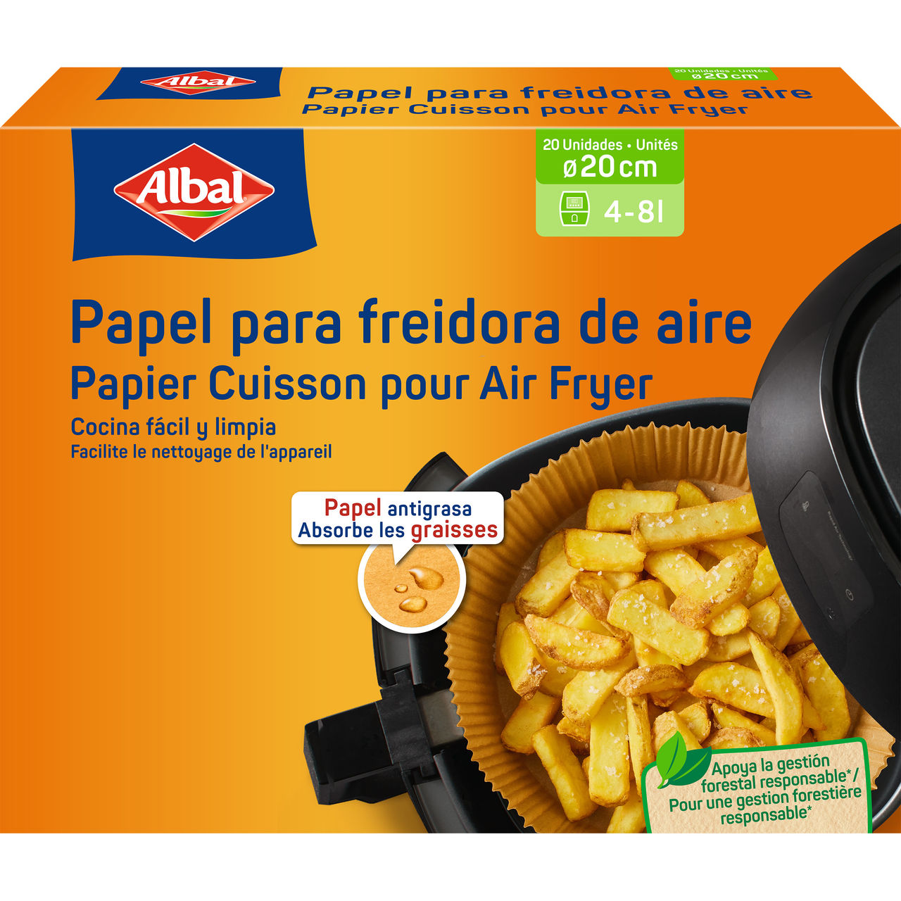 Caja de papel para freidora de aire de 20 cm, contiene 20 unidades, papel antigrasa que absorbe las grasas, ayuda a cocinar fácil y limpiar, apto para capacidades de 4 a 8 litros.
