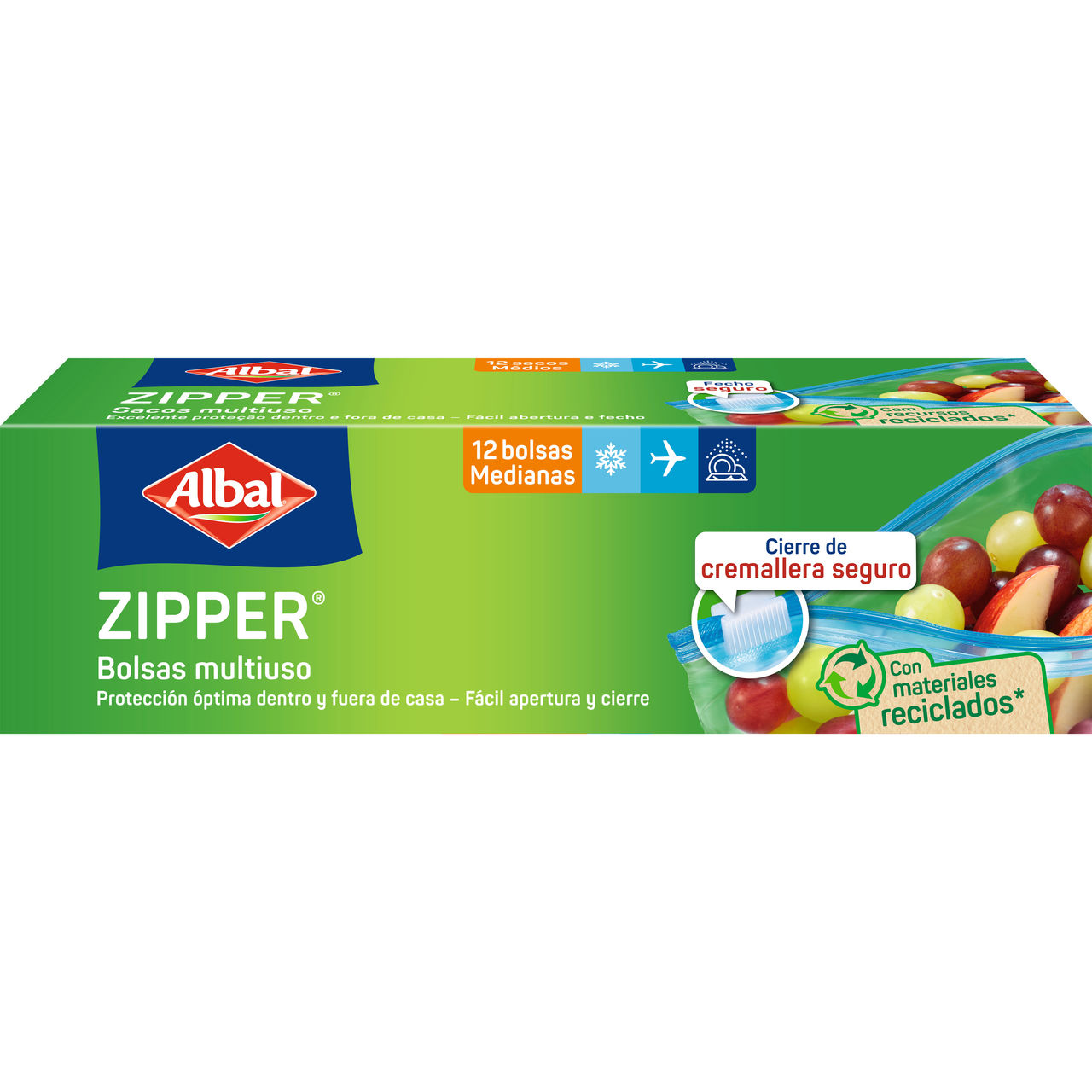 Caja de bolsas multiuso con cierre zipper, medianas, con protección óptima dentro y fuera de casa, fácil apertura y cierre, fabricadas con materiales reciclados, contiene 12 unidades.