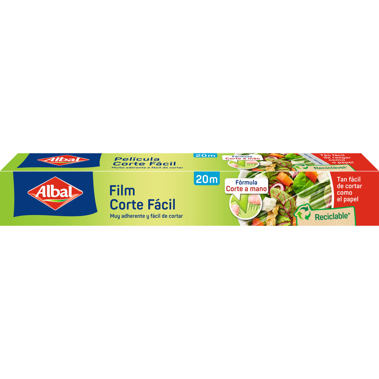 Caja de film corte fácil de 20 metros, muy adherente y fácil de cortar, con imágenes de alimentos frescos.