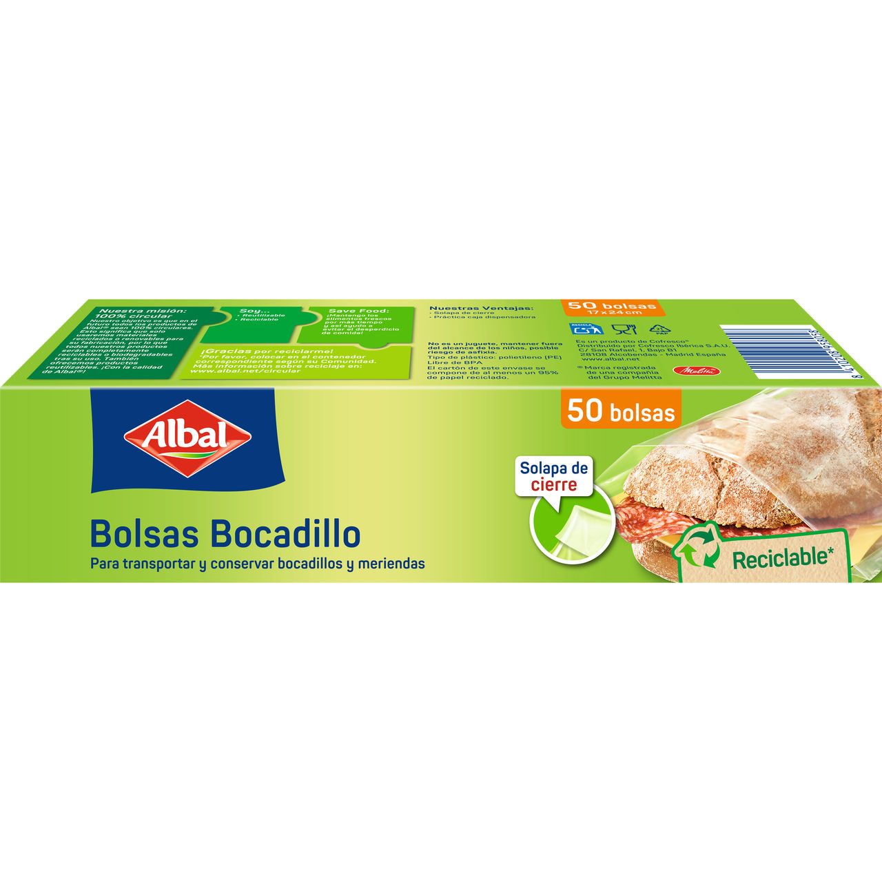 Caja de bolsas bocadillo, contiene 50 bolsas, solapa de cierre, para transportar y conservar bocadillos y meriendas, reciclable.