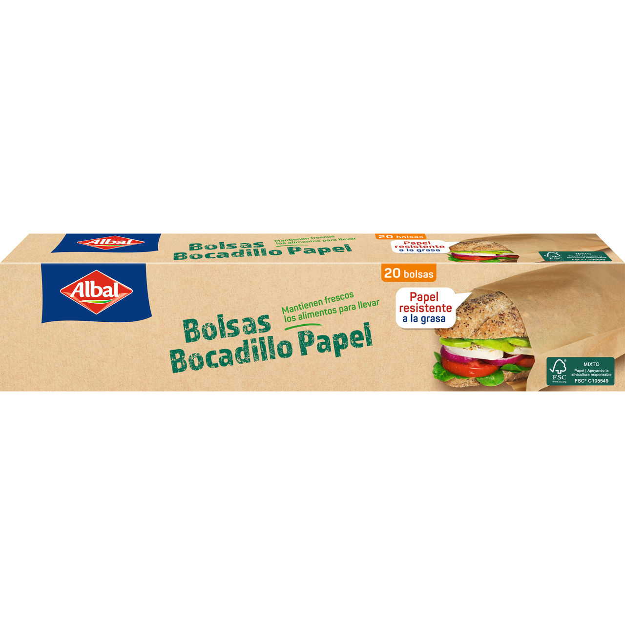 Caja de bolsas de papel para bocadillos que muestra un bocadillo envuelto y resalta que el papel es resistente a la grasa y mantiene los alimentos frescos.