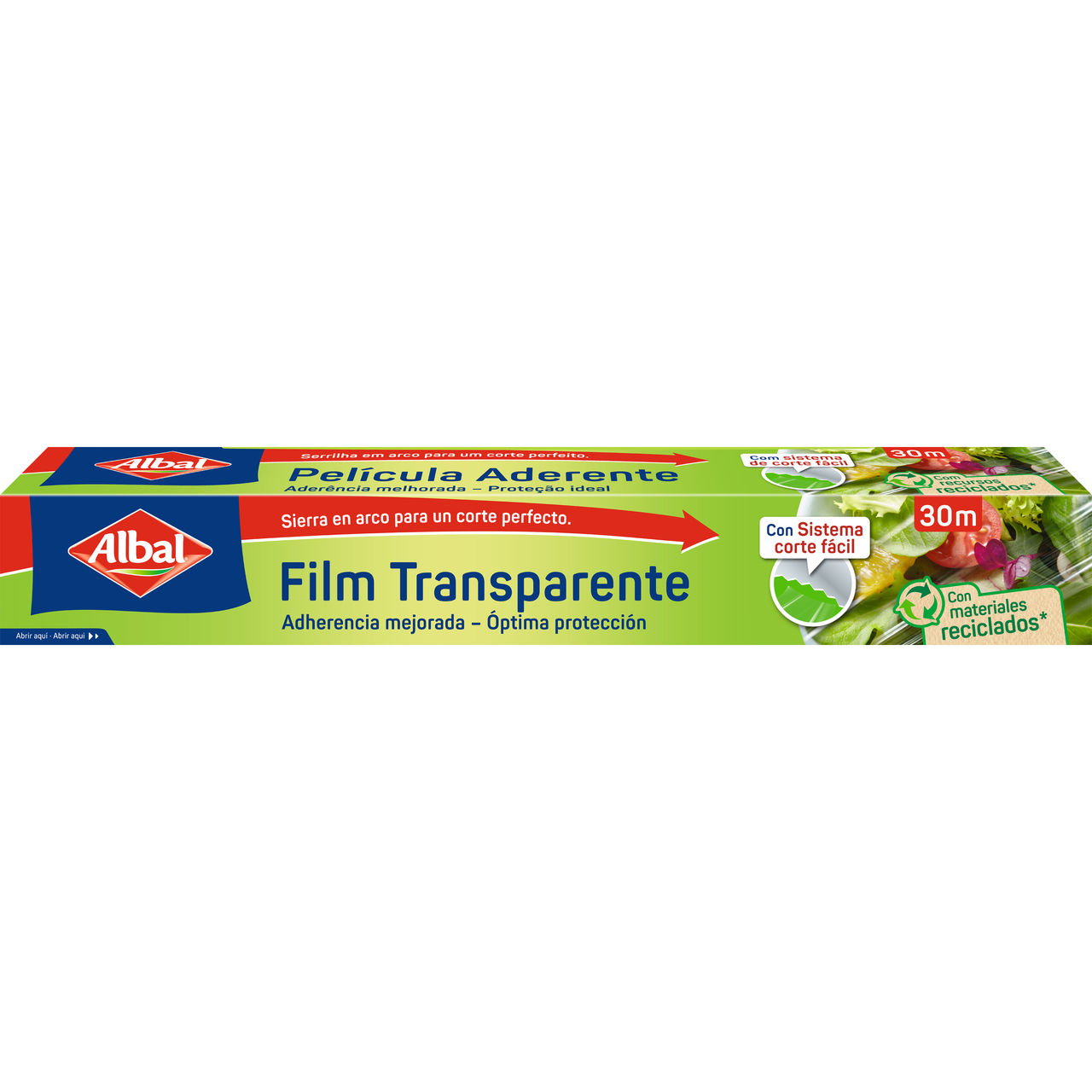 Caja de film transparente de 30 metros, con mensaje de adherencia mejorada, protección óptima y sistema de corte fácil, junto a imágenes de ensalada.