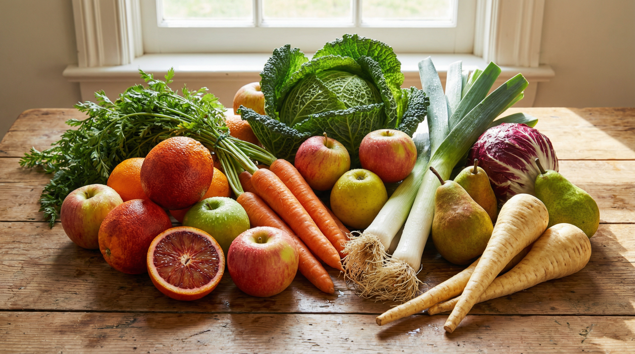 Frutas y verduras frescas de temporada de febrero, como naranjas, manzanas, zanahorias, col y puerros, sobre una mesa. 