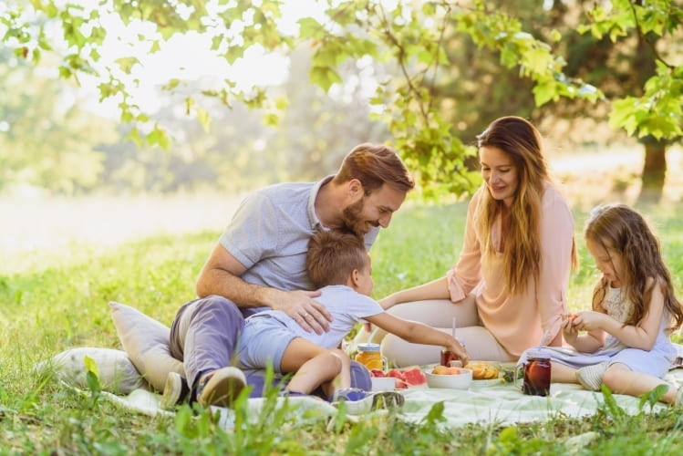 Familia de picnic disfruta de alimentos frescos gracias a las Bolsas para Bocadillo con cierre adhesivo de Albal®