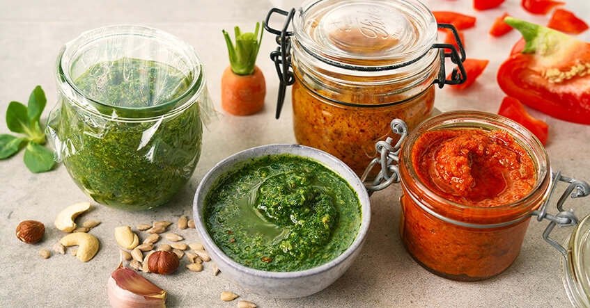 Receta Albal® Pesto de calabacín, pesto de zanahoria, pesto de pimiento en tarros.